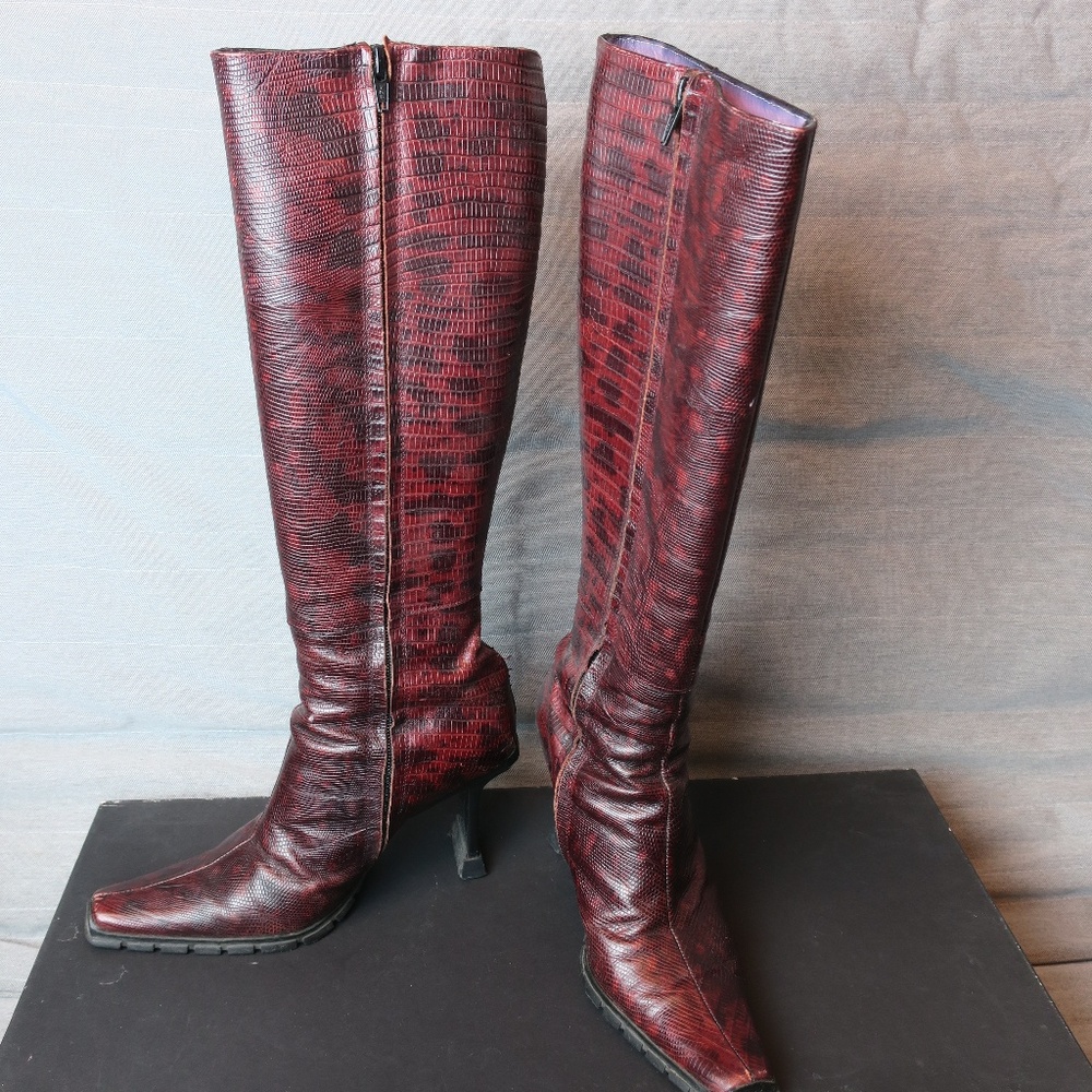 Red Leather Reptile Print High Heel Boot